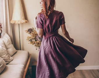 Amethyst Purple Linen Dress, Summer Linen Dress, Linen Midi Dress, Formal Dress, Best Linen Clothing Plus size, Dress for Women, S / Deep Green