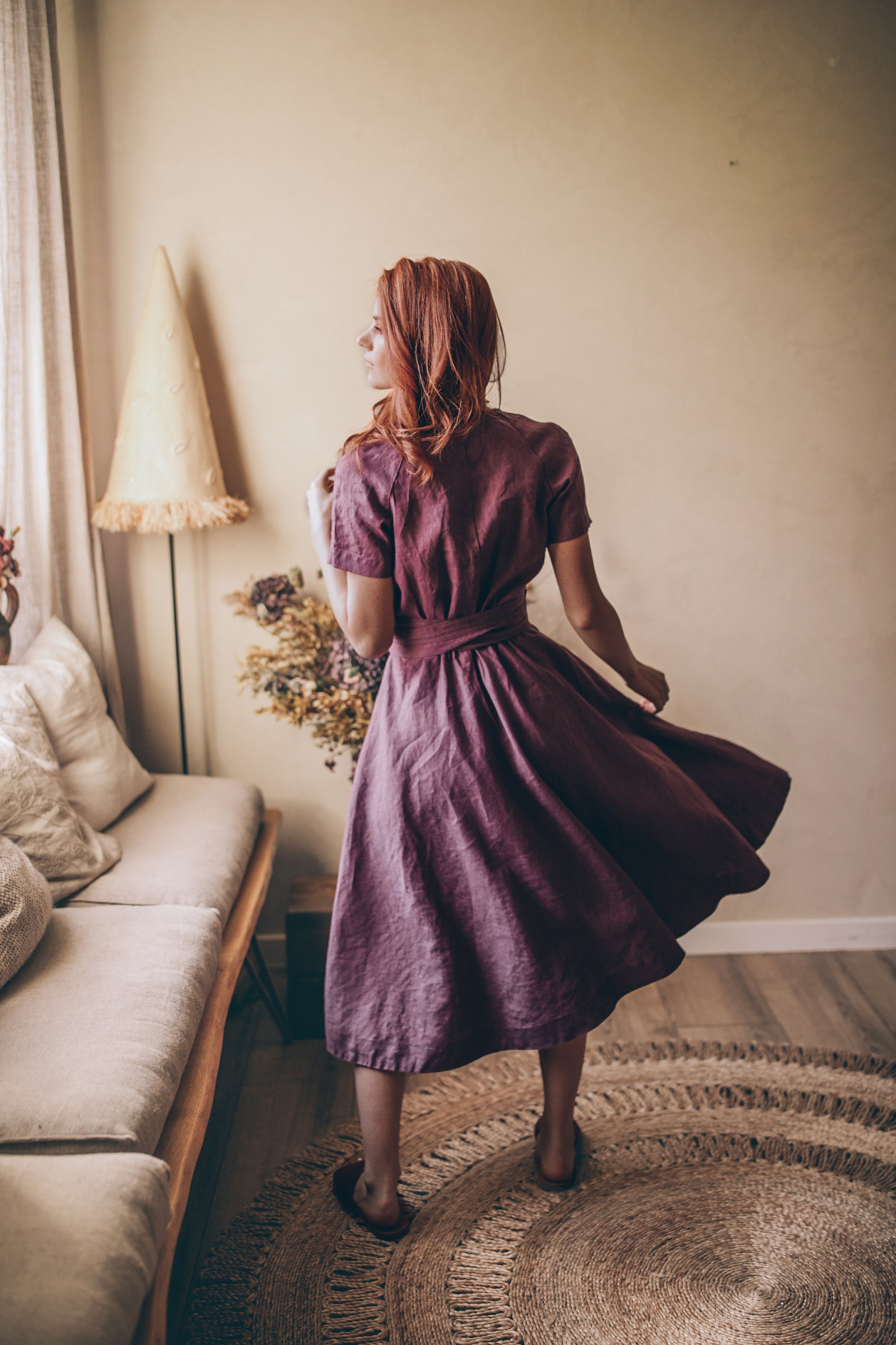 Amethyst Purple Linen Dress, Summer Linen Dress, Linen Midi Dress, Formal Dress, Best Linen Clothing Plus Size, Dress for Women, S / Deep Green
