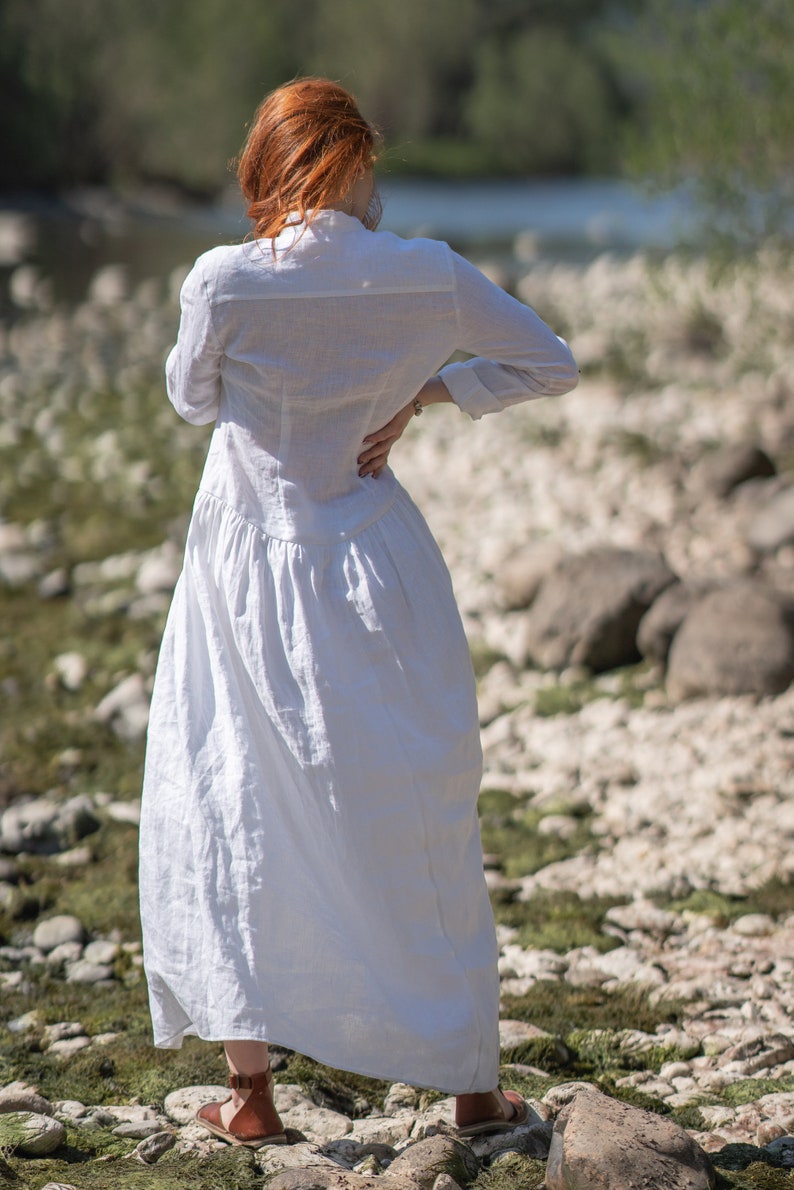 Linen Maxi Tunic Dress, White Linen Shirt Dress, Maxi Shirt, Plus Size Linen Shirt Dress, Boho Summer Linen Shirt, Linen Clothing for Women image 4