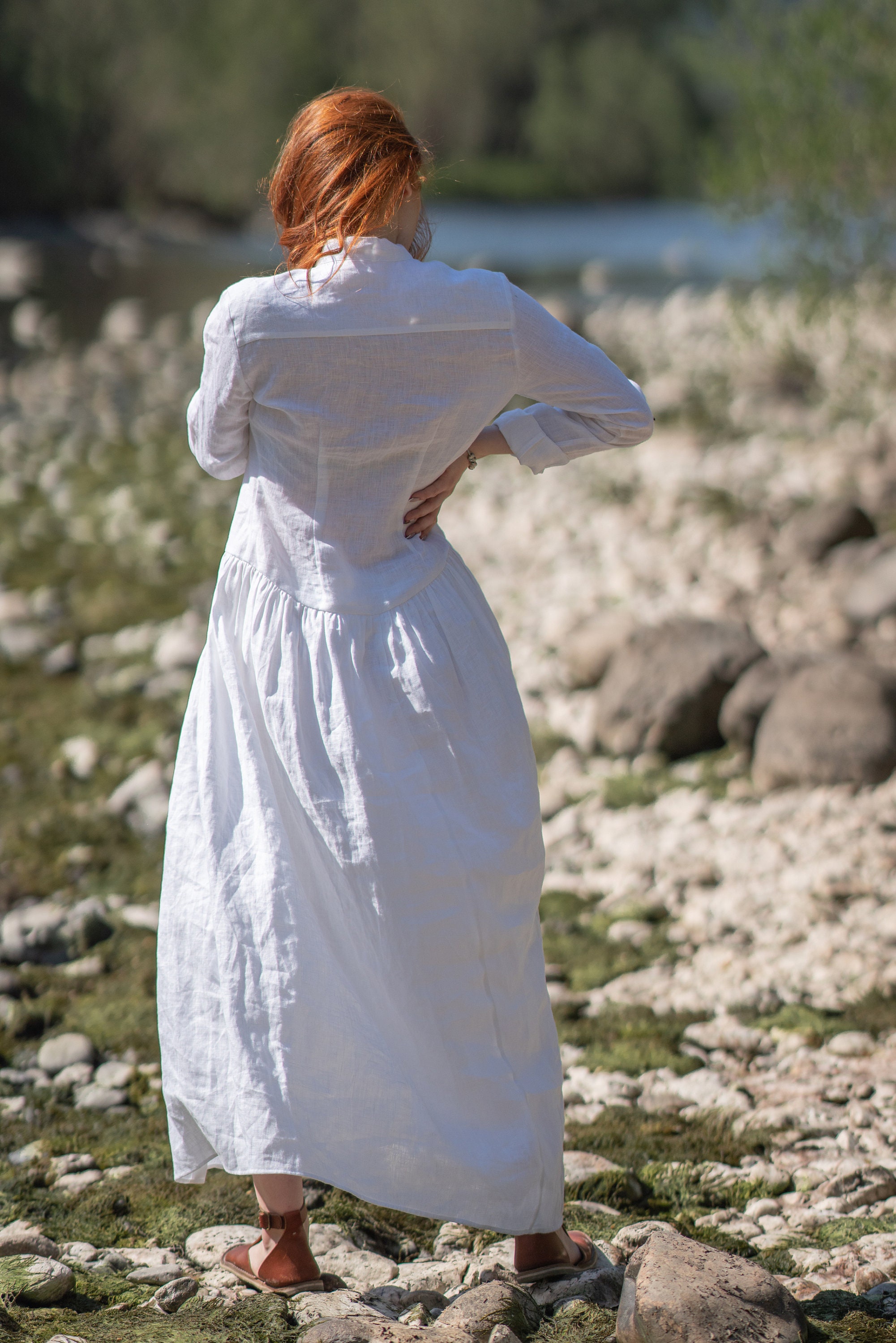 long tunic dresses for older ladies Linen Maxi Dress, White Shirt, Boho Summer Clothing Women fantasy female tunic