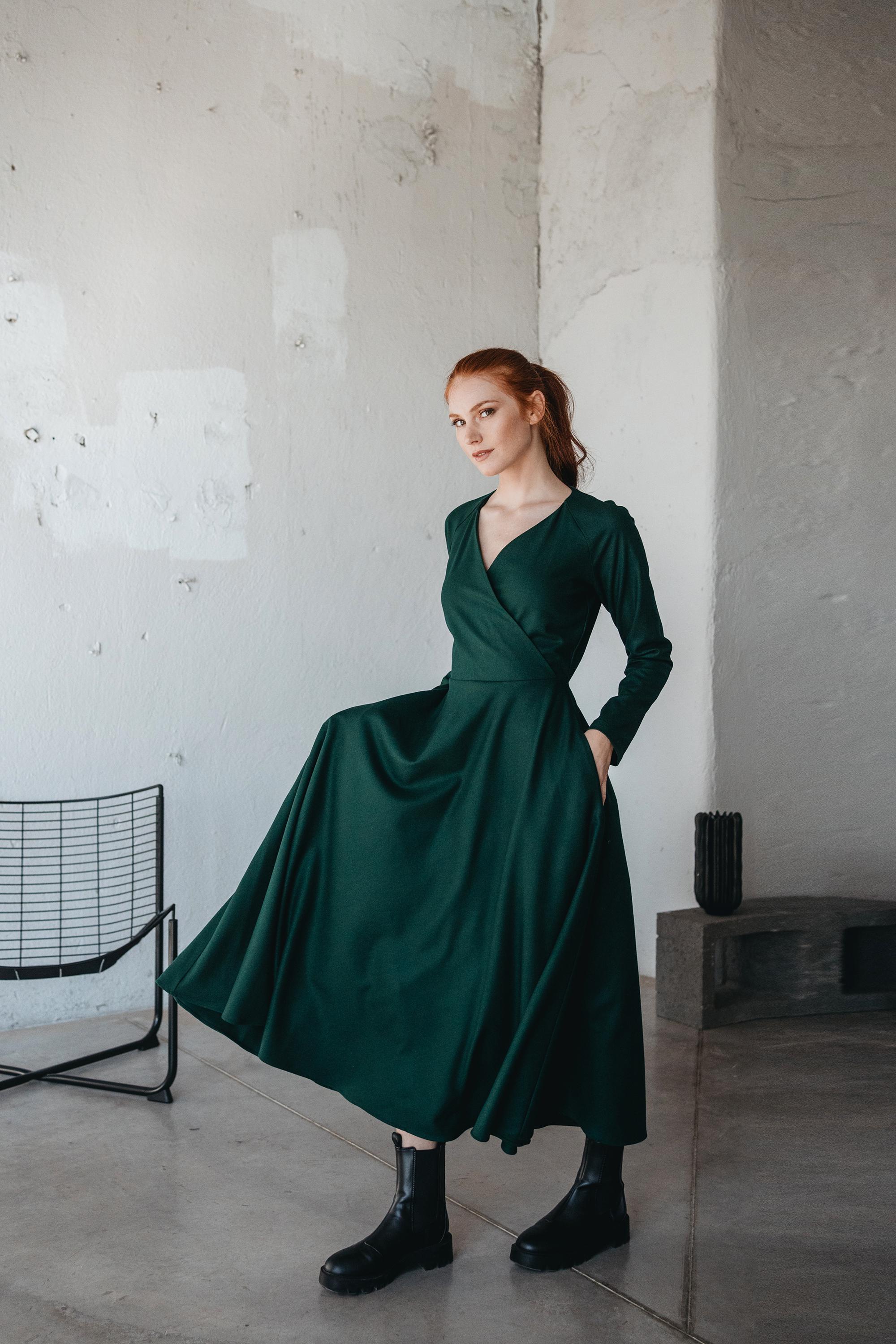 wool green dress Flora Merino Wool Swing Dress
