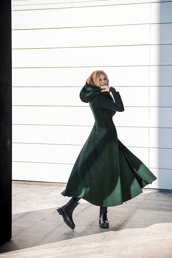 Hooded Wool Coat, Winter Coat, Princess Coat, Plus Size Winter Clothing,  Long Coat, Dark Green Maxi Coat, Belt Coat, Elegant Coat for Women 