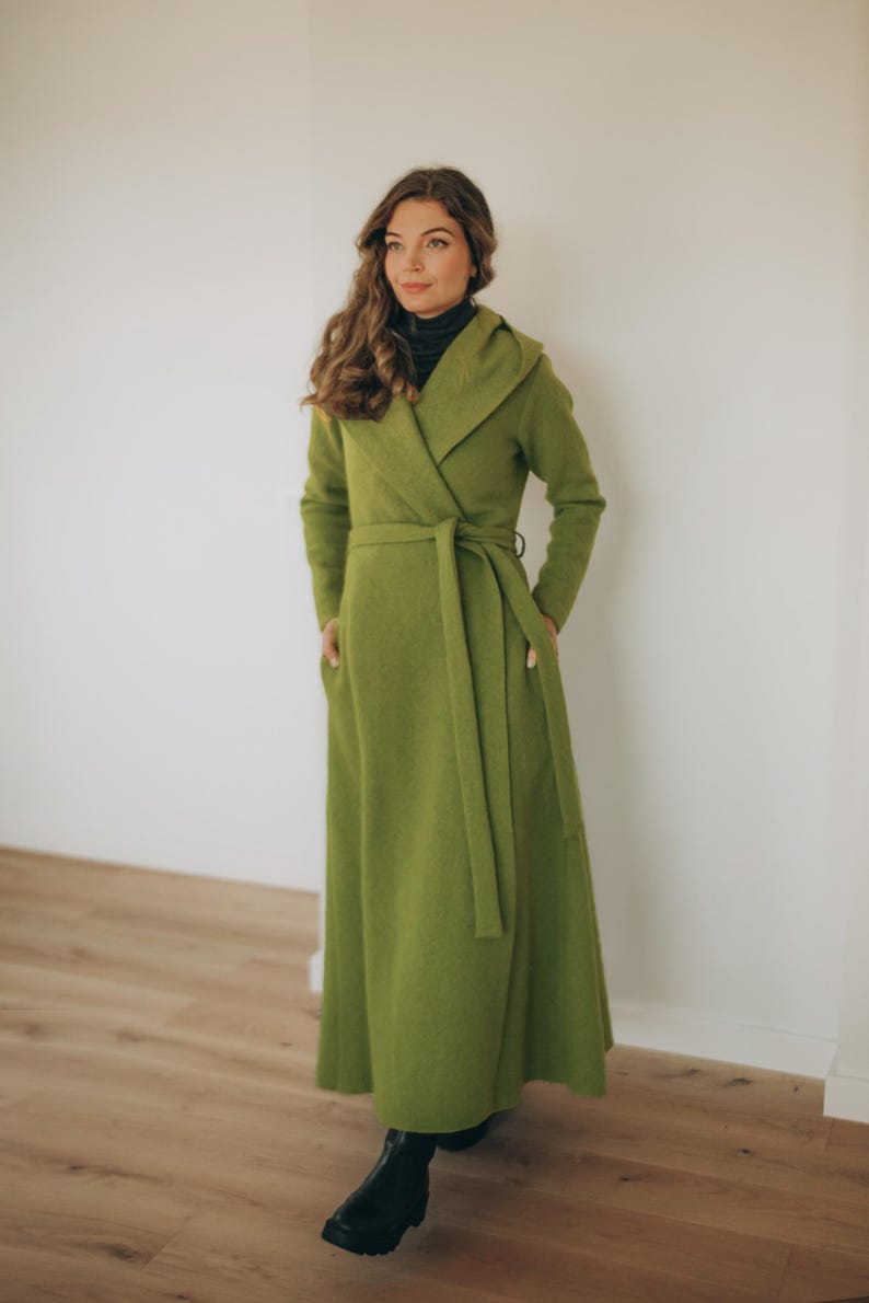 Wool Maxi Cardigan Coat: Hooded, Belted, with Pockets, Fall Winter Clothing image 8