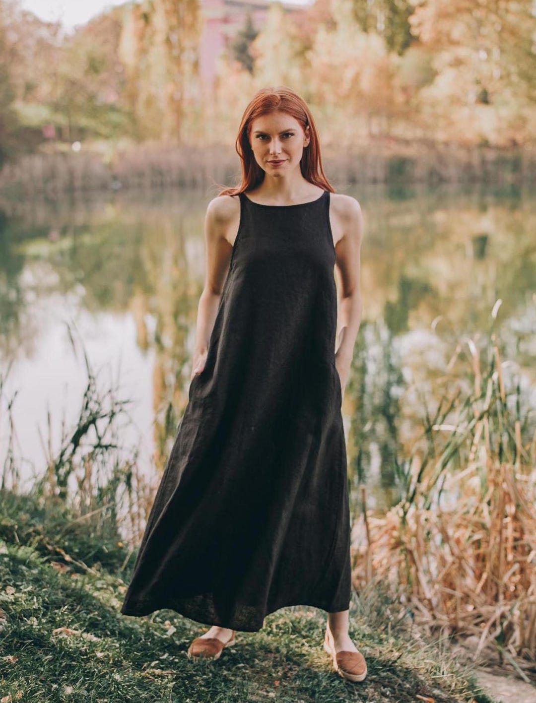 Reversible Black Linen Midi Dress: Sleeveless Summer Cami Dress with Pockets Reversible Black Linen Midi Dress: Sleeveless Summer Cami Dress with Pockets