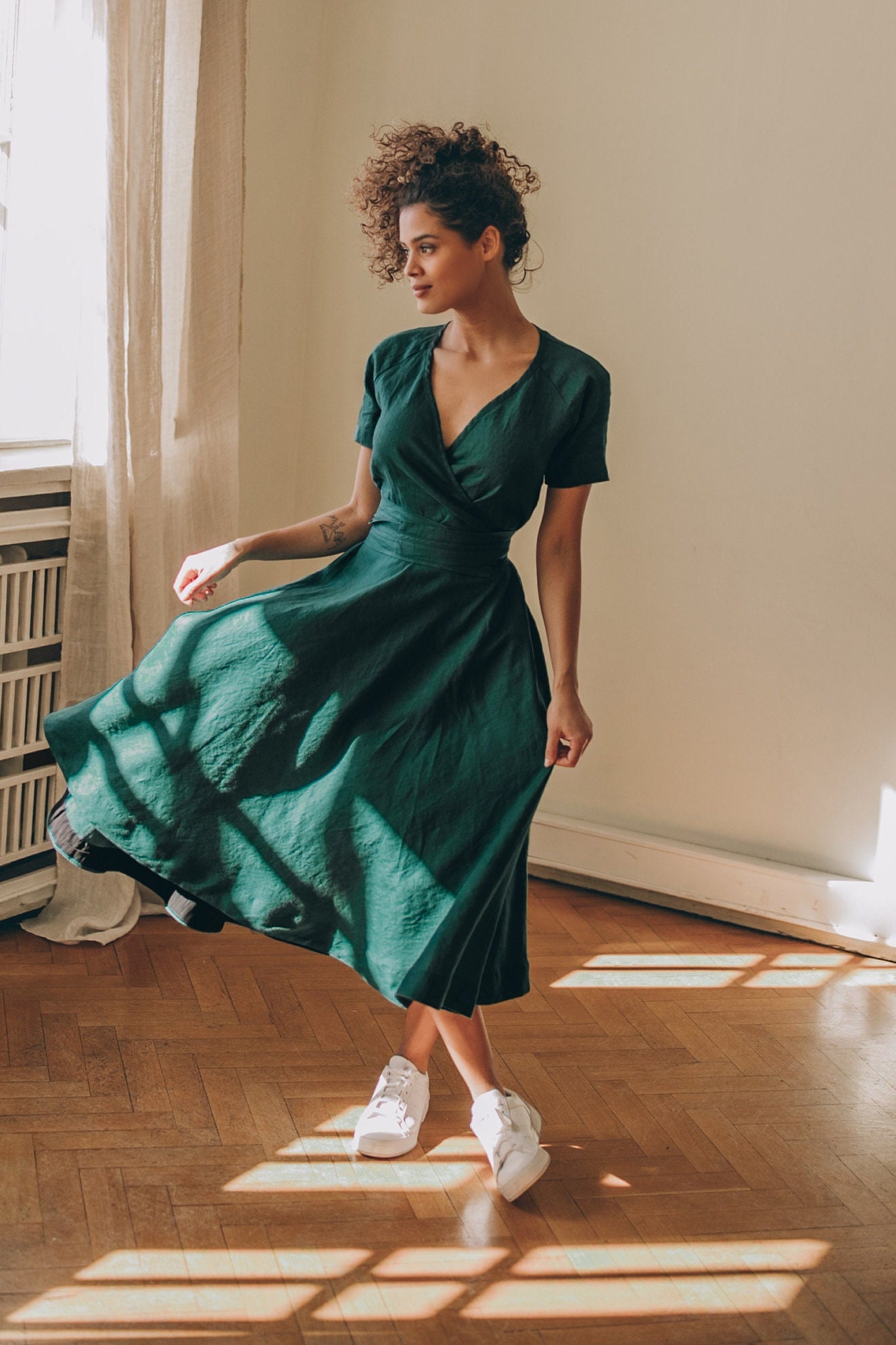 Emerald Green Linen Dress, Faux Wrap Style, Obi Belt, Pockets