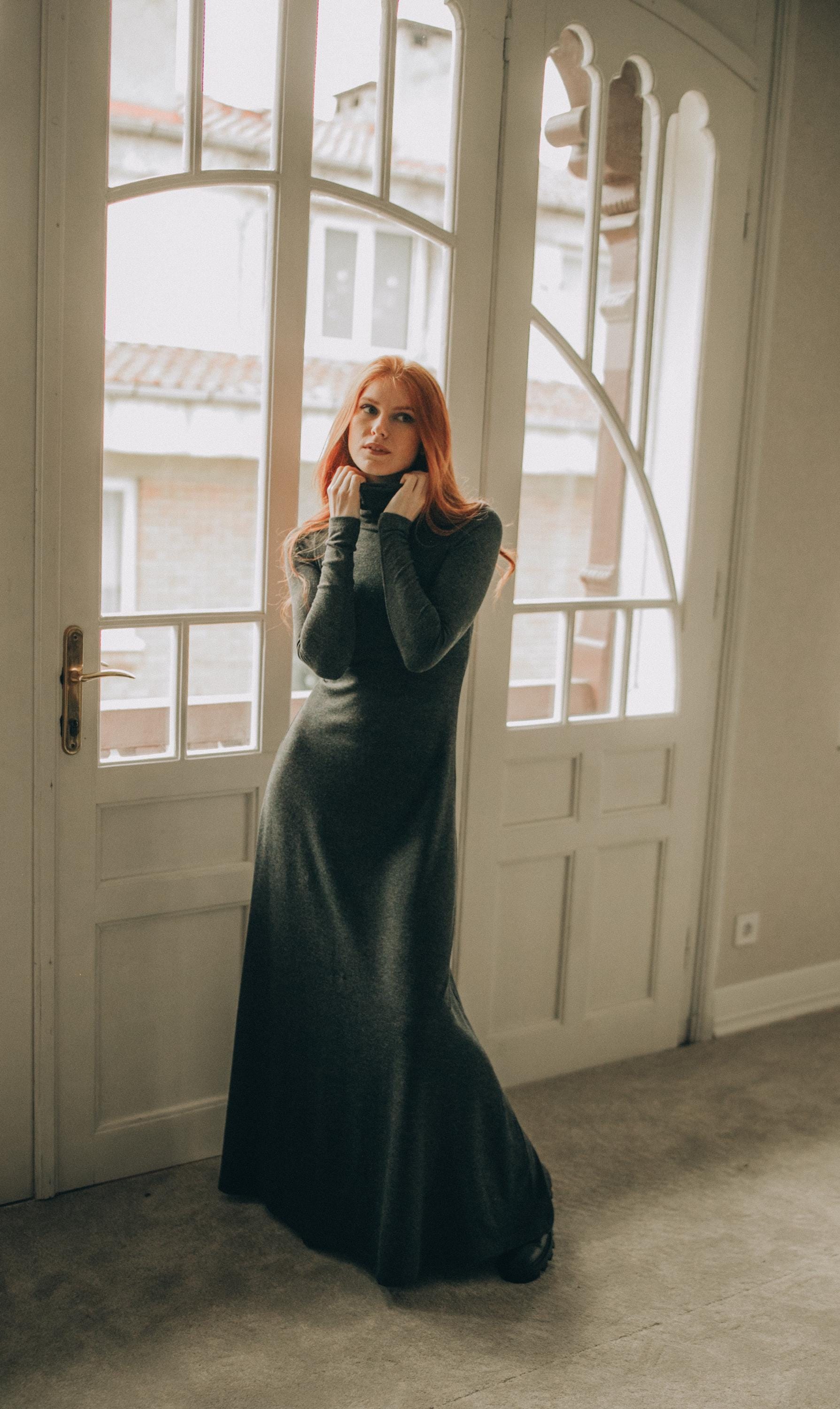 Black Knitted Maxi Dress: Cotton Turtleneck A-Line Sweater Dress Black Knitted Maxi Dress: Cotton Turtleneck A-Line Sweater Dress