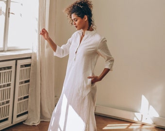 Linen Kaftan Dress with Pockets and Slits, Long Shirt Dress, White Linen Dress Women, Plus Size Maxi Dress, Loose Beach Dress,Linen Clothing