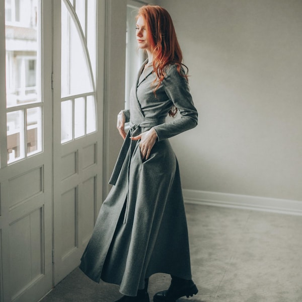 Wool Wrap Dress with Shawl Collar and Pockets, Winter Clothing for Women