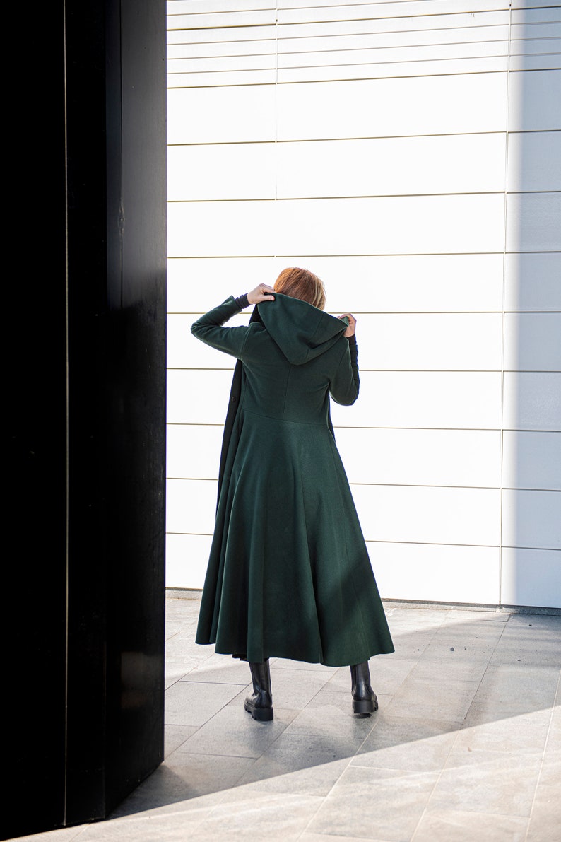 Hooded Wool Coat, Winter Coat, Princess Coat, Plus Size Winter Clothing, Long Coat, Dark Green Maxi Coat, Belt Coat, Elegant Coat for Women image 4