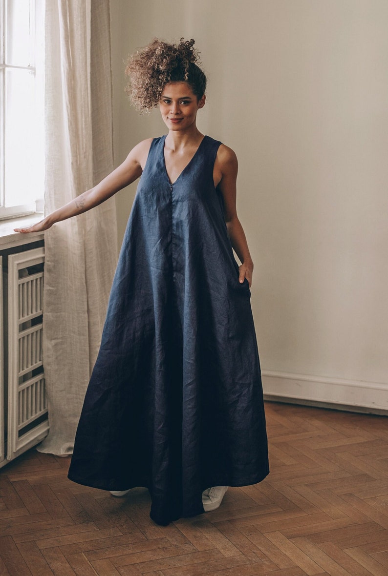 Maxi robe combinaison en lin, combinaison d'été en lin pour femme, combinaison ample en lin, combinaison bohème surdimensionnée, salopette en lin grande taille femme image 2