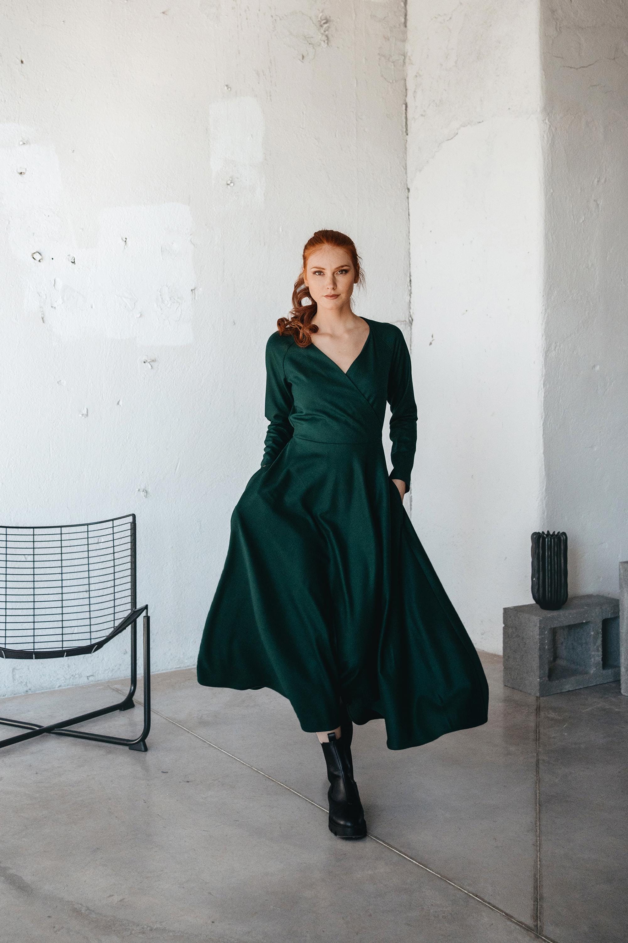 green long sleeve wrap dress Women's Long Sleeve Wrap V Neck Tie Waist Side Split Slim Fit Prom Dress  Wedding Party Midi Dresses Green,M