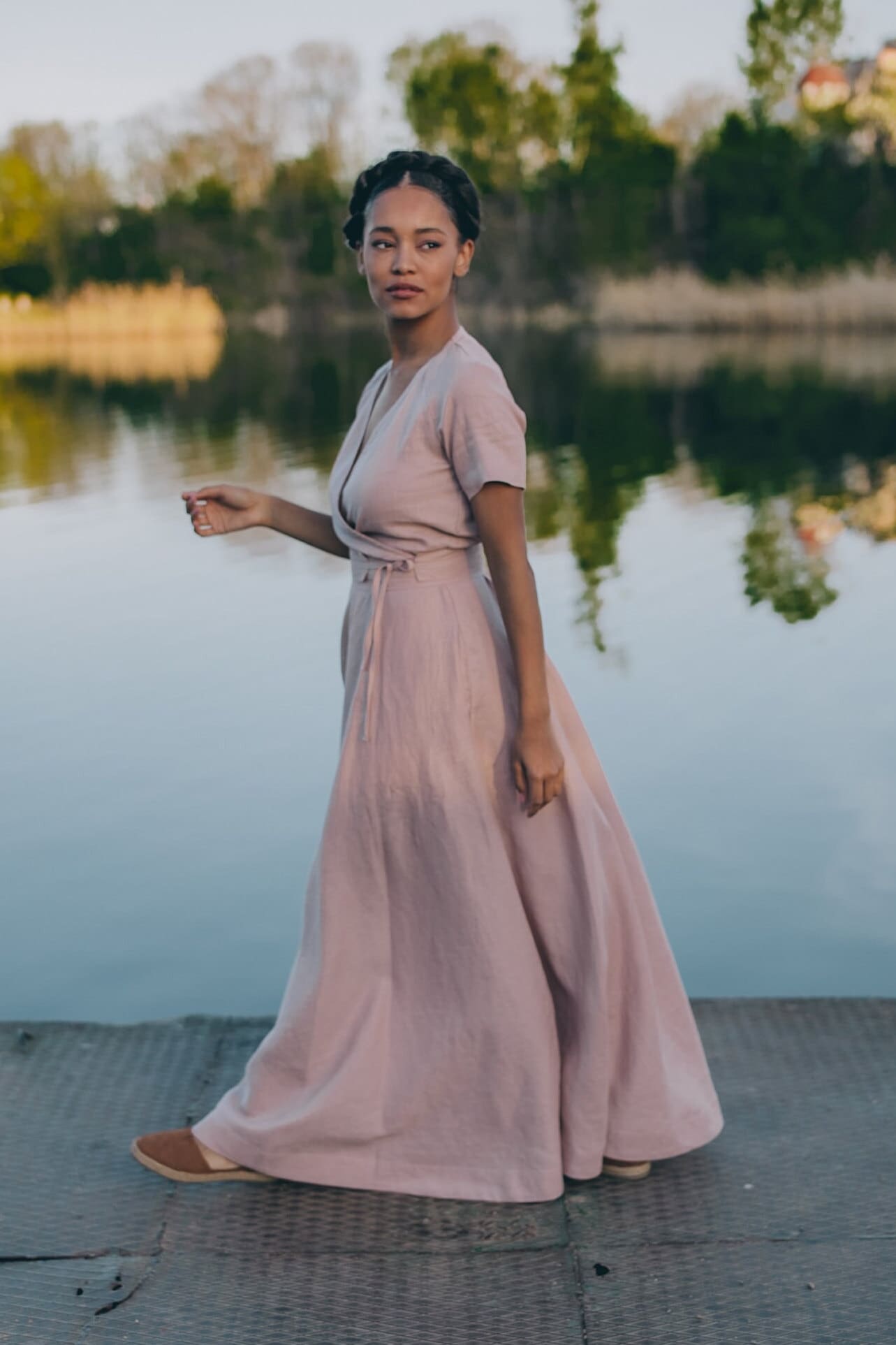 light pink linen maxi dress Minimalist Linen Maxi Dress with Tie Belt, S / Deep Green