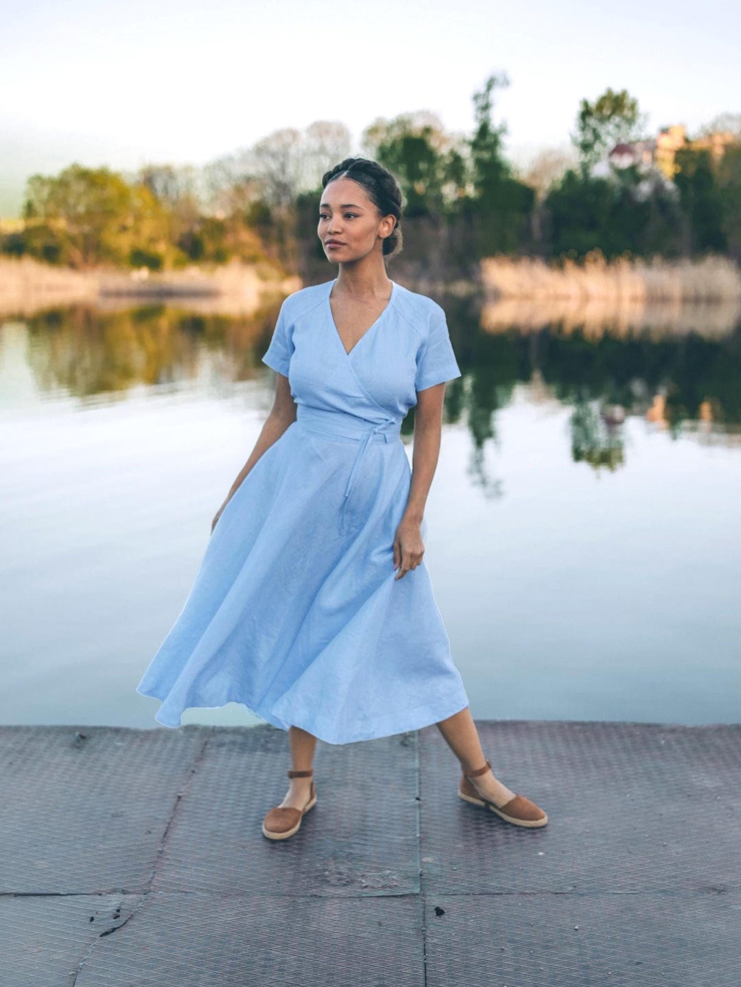 Midi Length Linen Wrap Dress, M / Light Blue