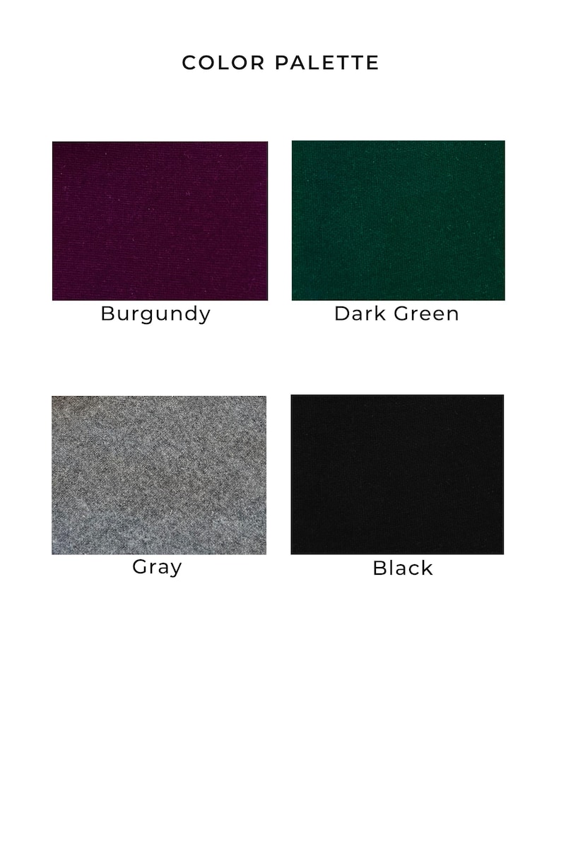 May include: Color palette with four swatches: burgundy, dark green, gray, and black.