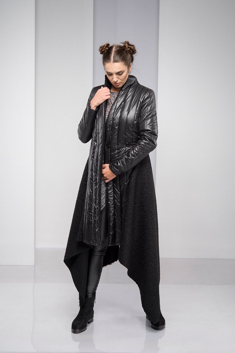 Maxi Coat for Women, Winter Coat, Merino Wool Coat, Black Hooded Coat, Cyberpunk Coat, Plus Size Coat, Asymmetric Coat, Plus Size Clothing image 9