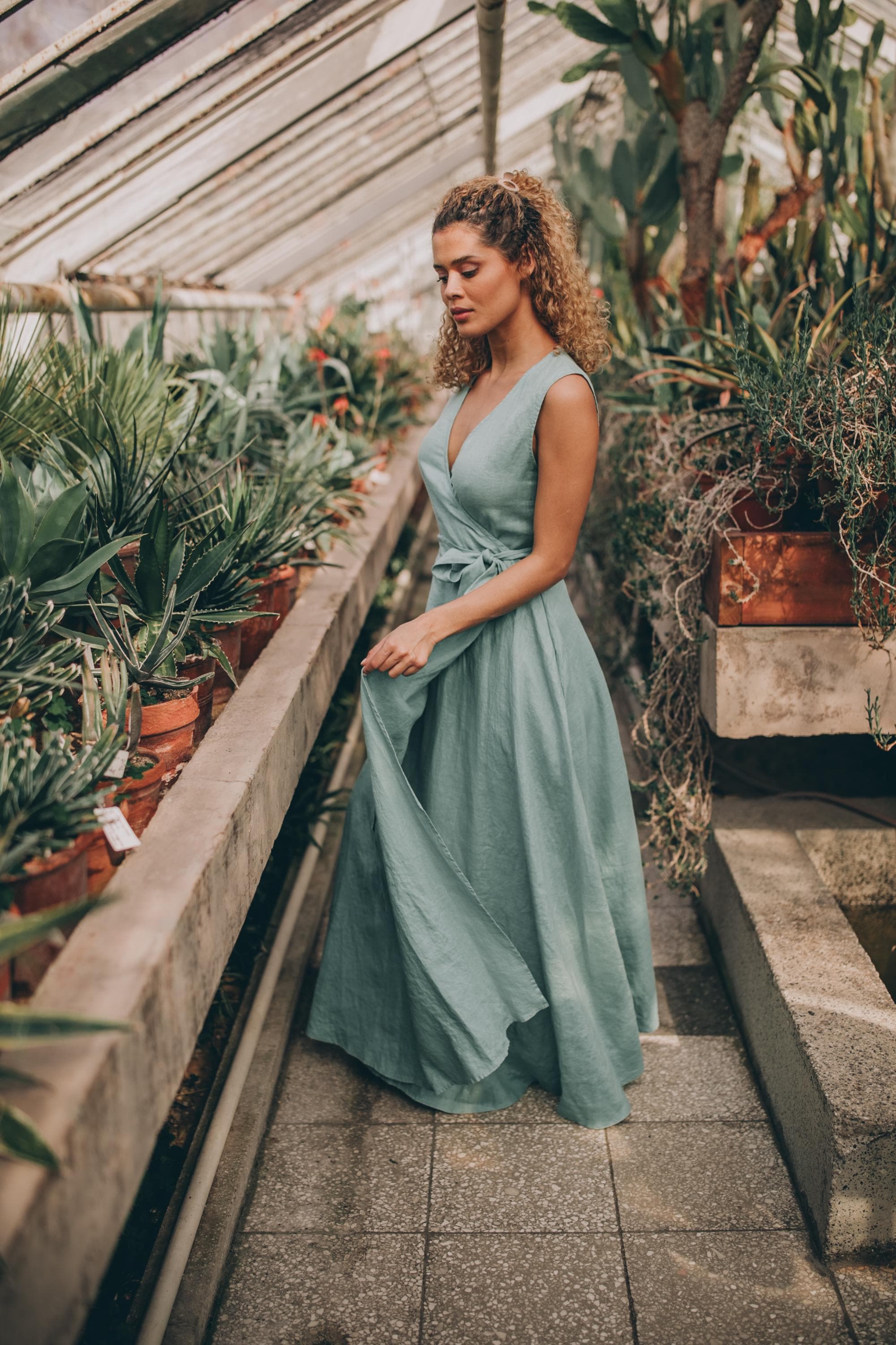 Linen Wrap Dress with Pockets: Summer Boho Clothing, Bridesmaid Maxi Dress