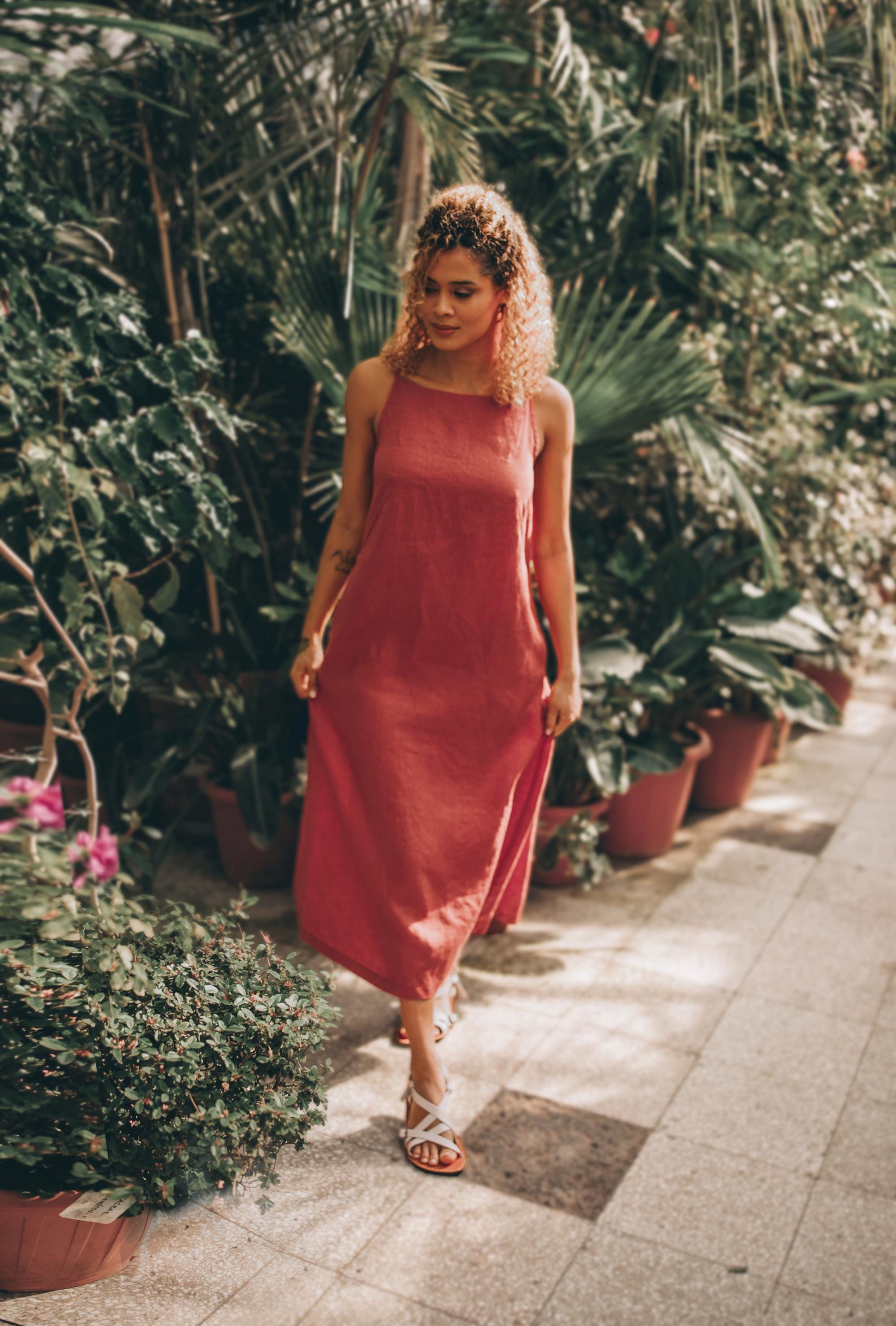 Minimalist Linen Dress, Summer Linen Dress for Women, Terracotta Red Linen Dress, Linen Tank Dress with Pockets, Plus Size Linen Clothing, S / Light