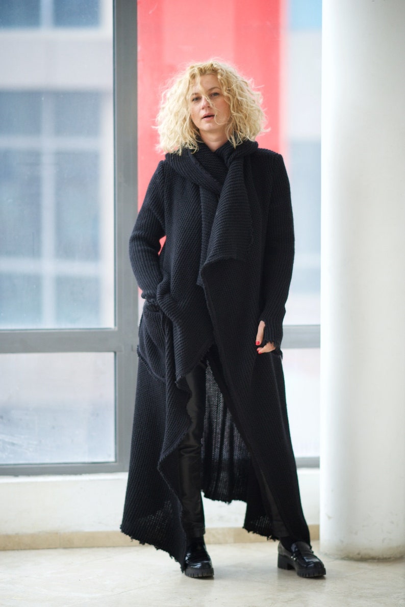 Long Sweater Coat, Wool Cardigan Women, Long Knit Cardigan, Plus Size Clothing, Black Oversize Cardigan,Hooded Cardigan, Black Knit Cardigan image 4