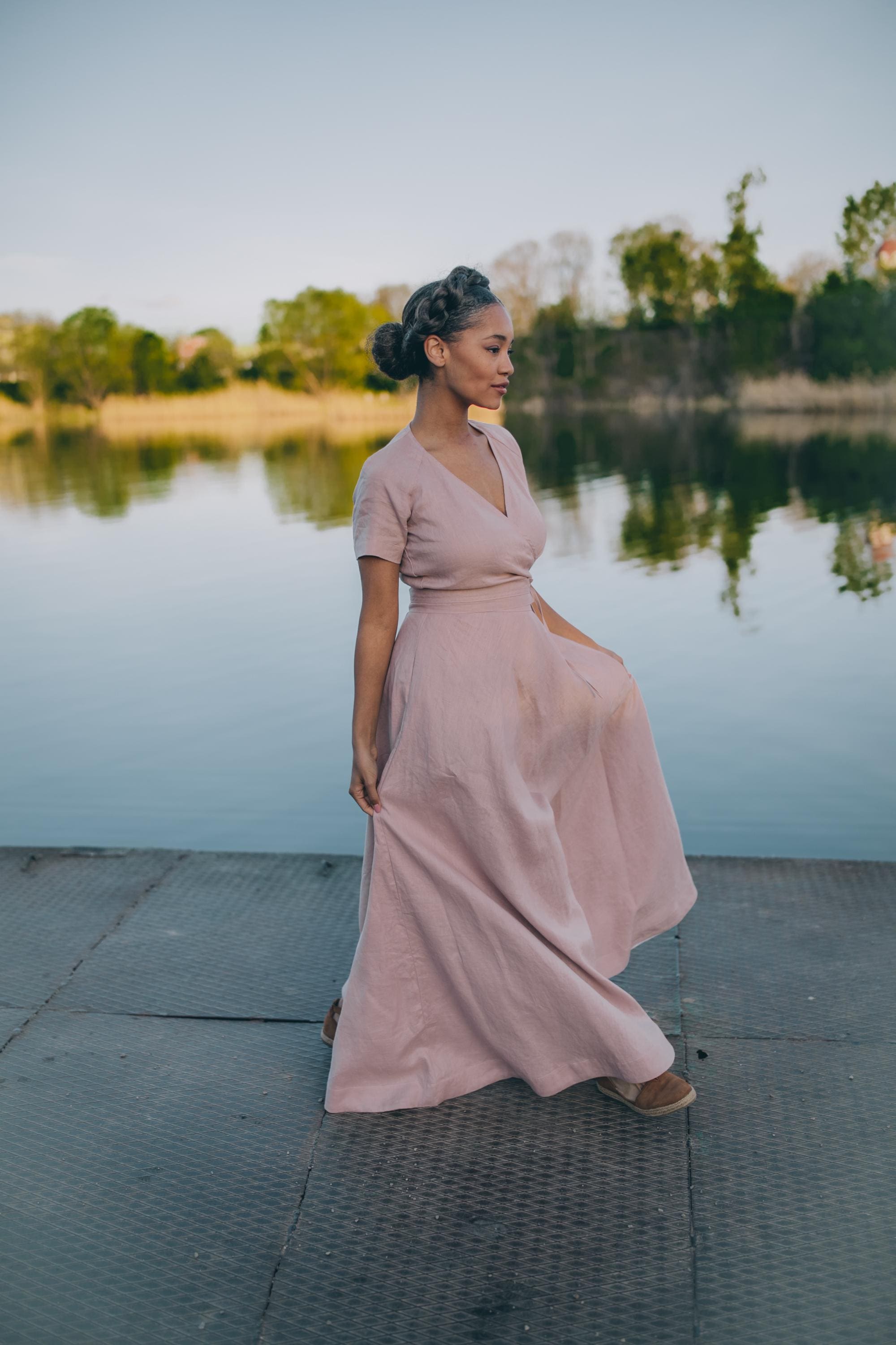 Summer Linen Wedding Dress, Boho Wedding Dress Linen, Maxi Linen Dress, White Linen Dress Long, Short Sleeve Wrap Linen Dress, XS / Gray