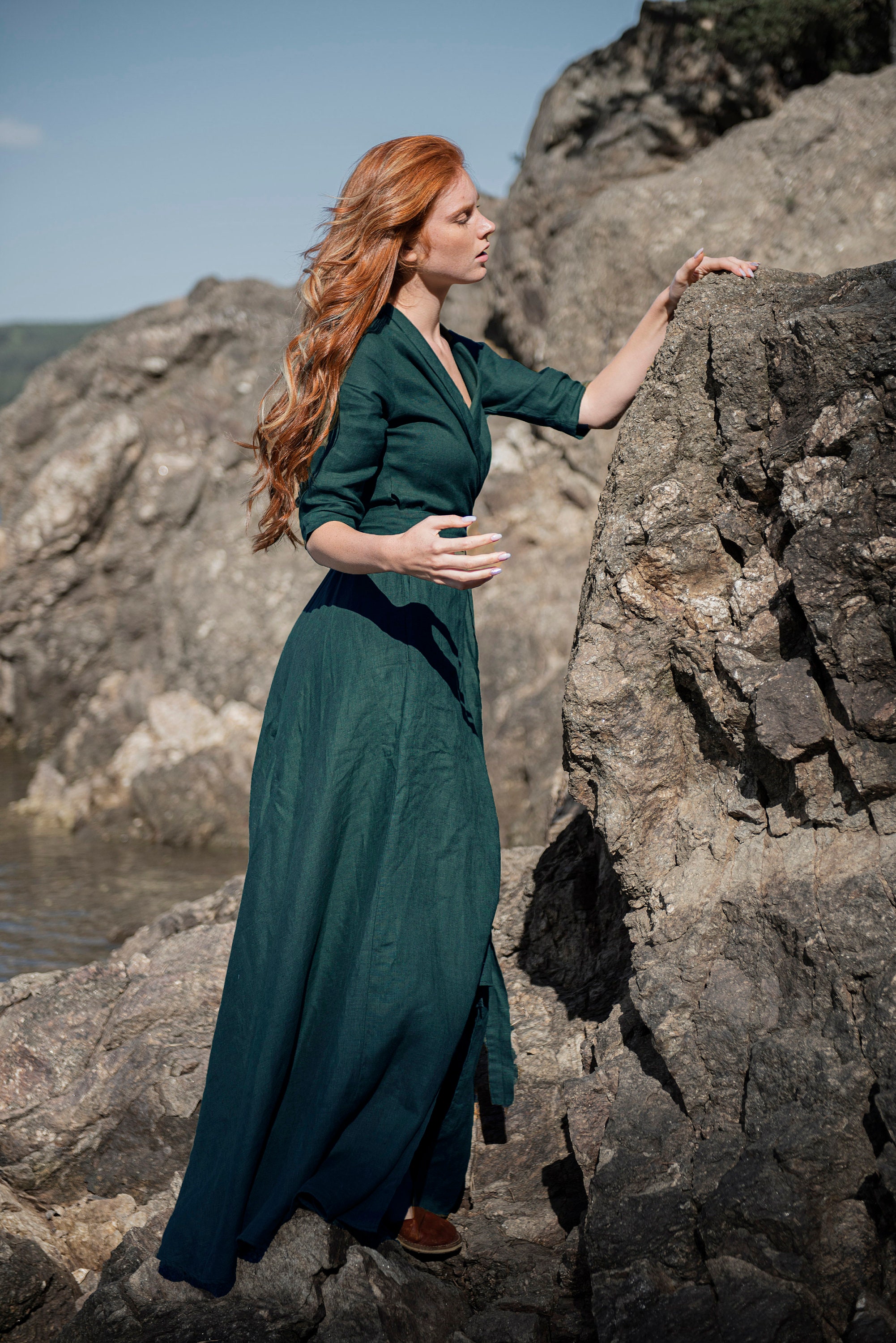 Emerald Green Linen Maxi Dress, Boho Kimono Wrap Dress, Linen Clothing Women