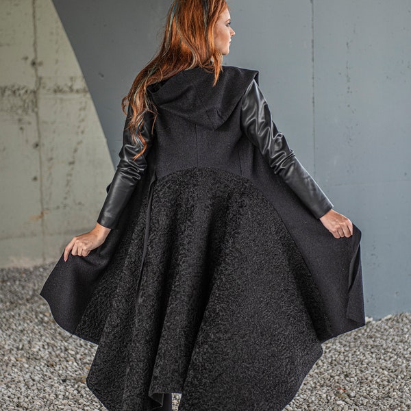 Hooded Wool Coat, Winter Coat, Cyberpunk Coat, Plus Size Coat, Gothic Clothing, Plus Size Clothing, Asymmetrical Coat, Winter Coat for Women