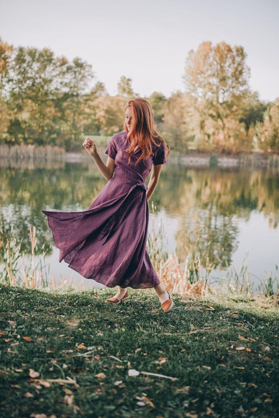 Linen Wrap Dress: Purple Midi Summer Dress, Bohemian Clothing - Etsy Finland Linen Wrap Dress: Purple Midi Summer Dress, Bohemian Clothing - Etsy Finland