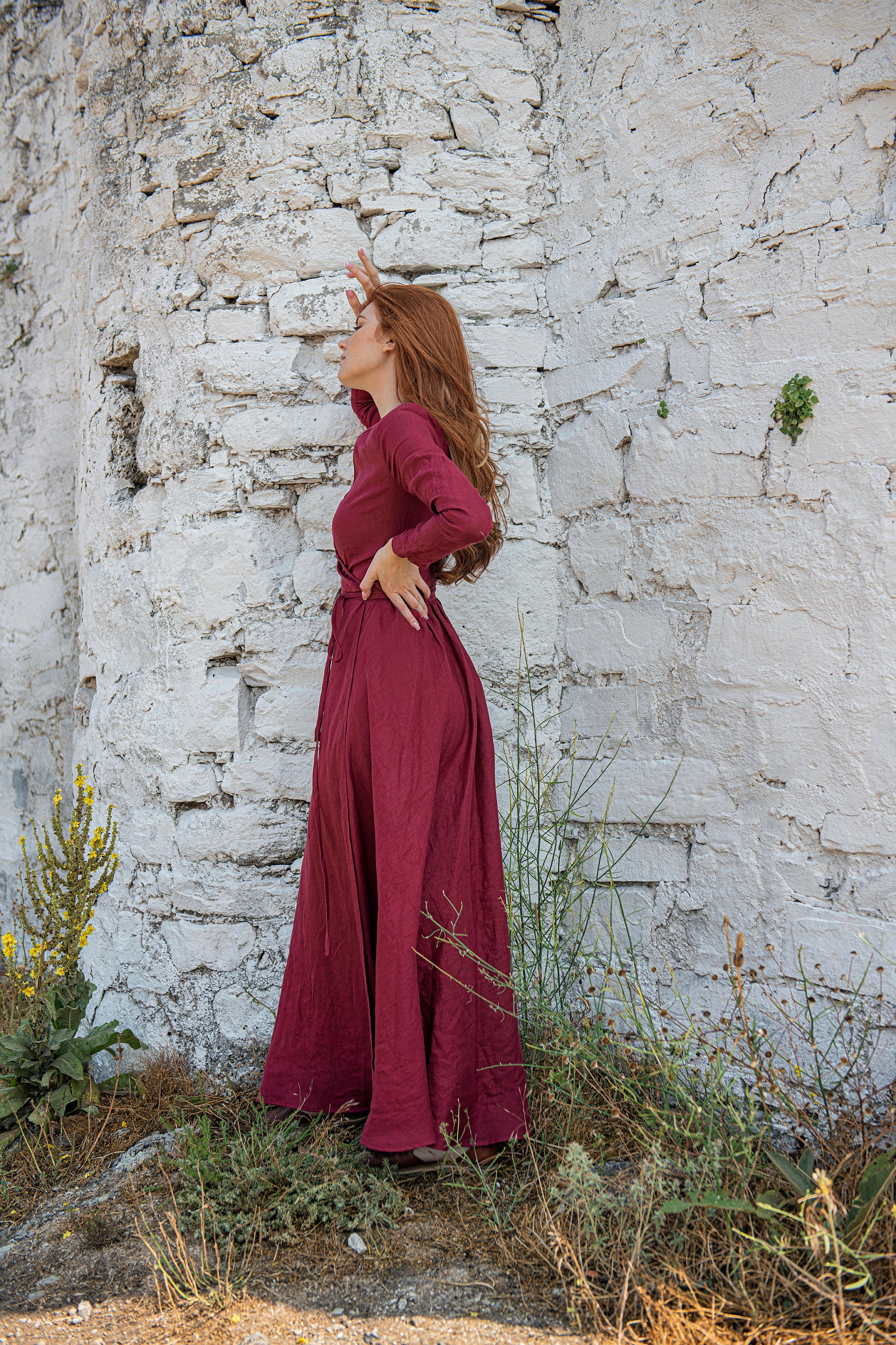 knee length dresses for ladies Mirabelle Dress in Burgundy Linen – Of Her Own Kind
