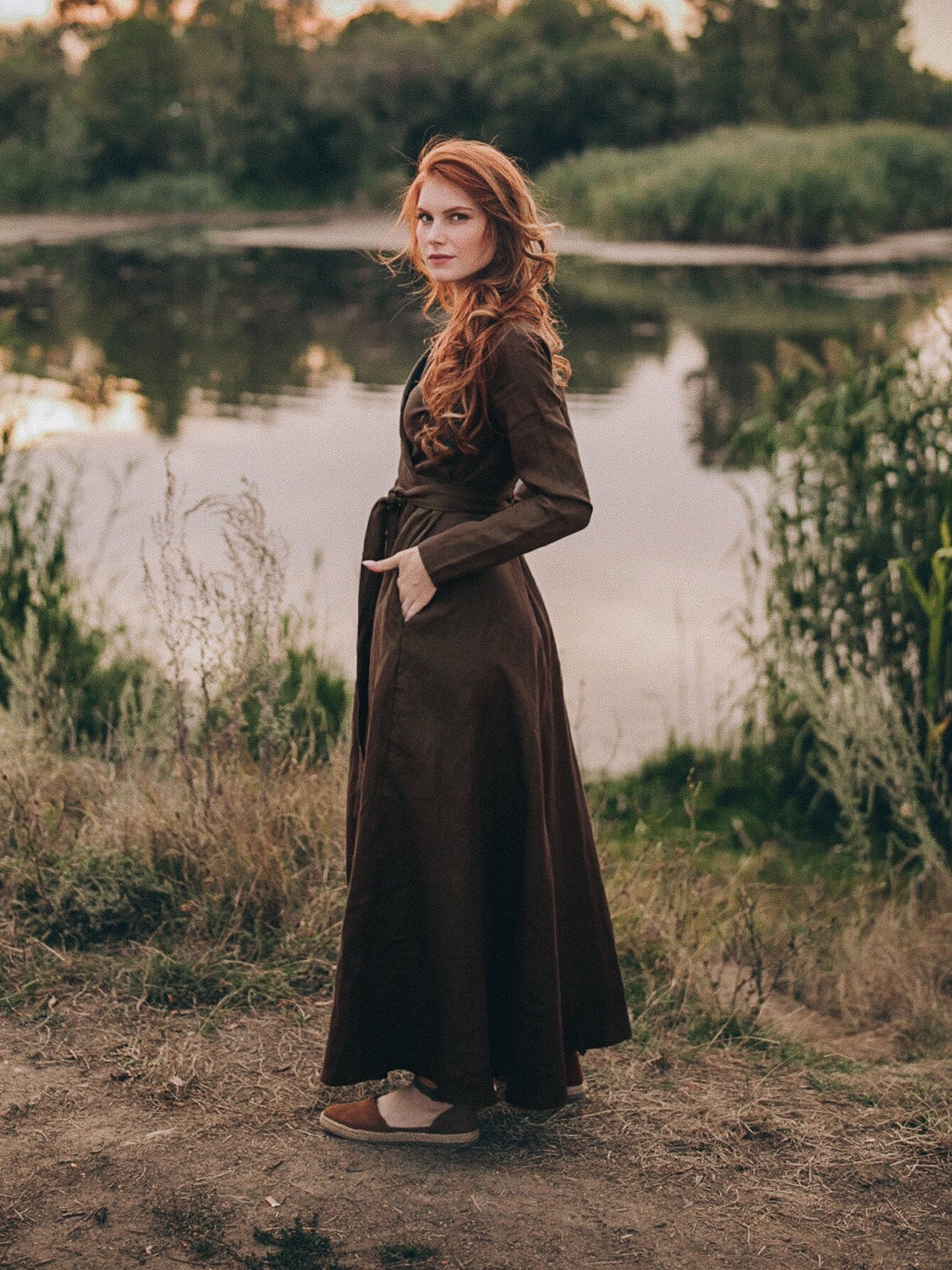 Heavy Linen Wrap Maxi Dress, Long Sleeve Fall Dress, Shawl Collar, Pockets Heavy Linen Wrap Maxi Dress, Long Sleeve Fall Dress, Shawl Collar, Pockets