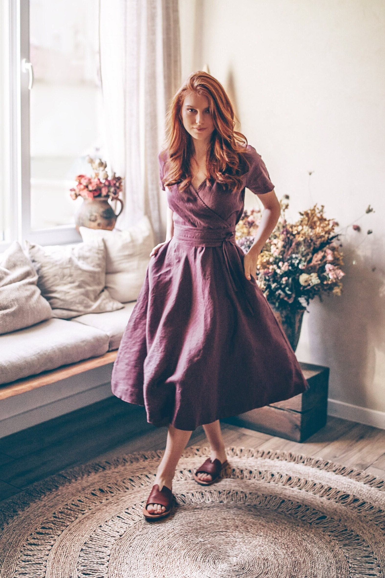 knee length dresses for ladies Women's Lilac Linen Dress - Round Neck Linen Tunic with Princess Seams,  Long Sleeve main image 0