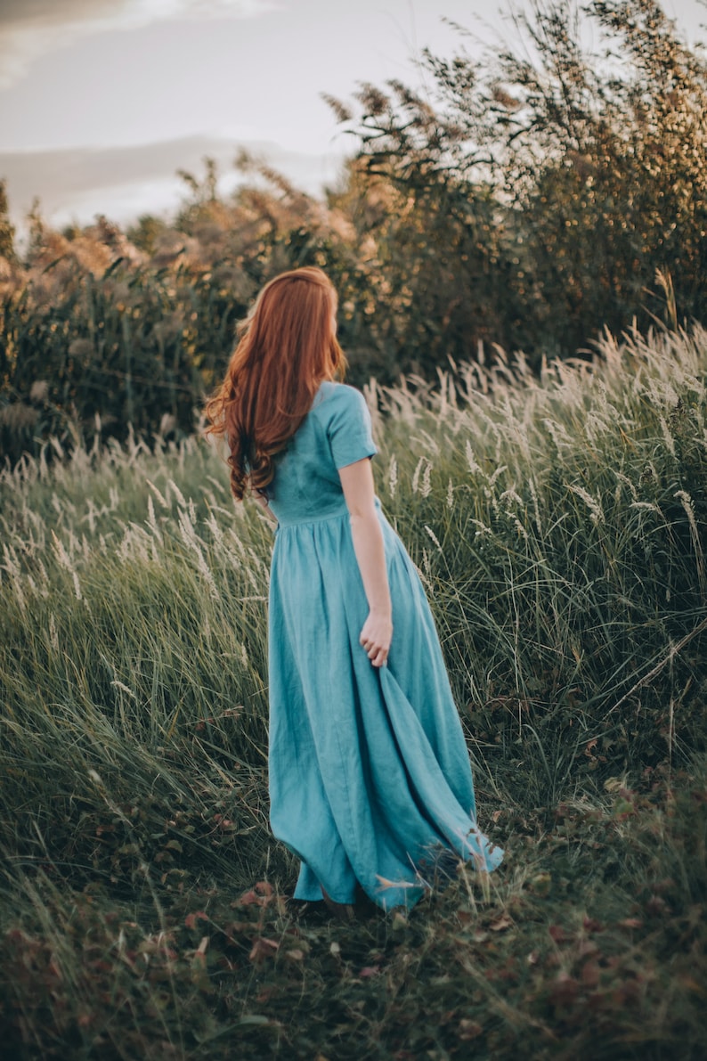 Blue Green Linen Dress, Linen Wrap Dress, Summer Maxi Dress, Linen Dress with Belt, Bohemian Maxi Dress, Plus Size Linen Dress, Linen Kaftan image 8