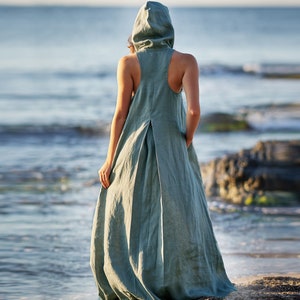 Dusty Turquoise Leinenkleid, Leinen Maxikleid, Maxikleid mit Kapuze, Boho Maxikleid, Leinenkleid für Frauen, Sommer Maxikleid, Übergröße Kleid