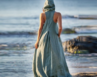 Dusty Turquoise Linen Dress, Hooded Maxi Dress, Bohemian Clothing