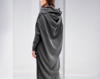 Maxi Sweatshirt Dress for Women, Long Sweater Dress, Comfortable Dress, Hooded Sweater Dress, Gothic Plus Size Clothing, Futuristic Dress