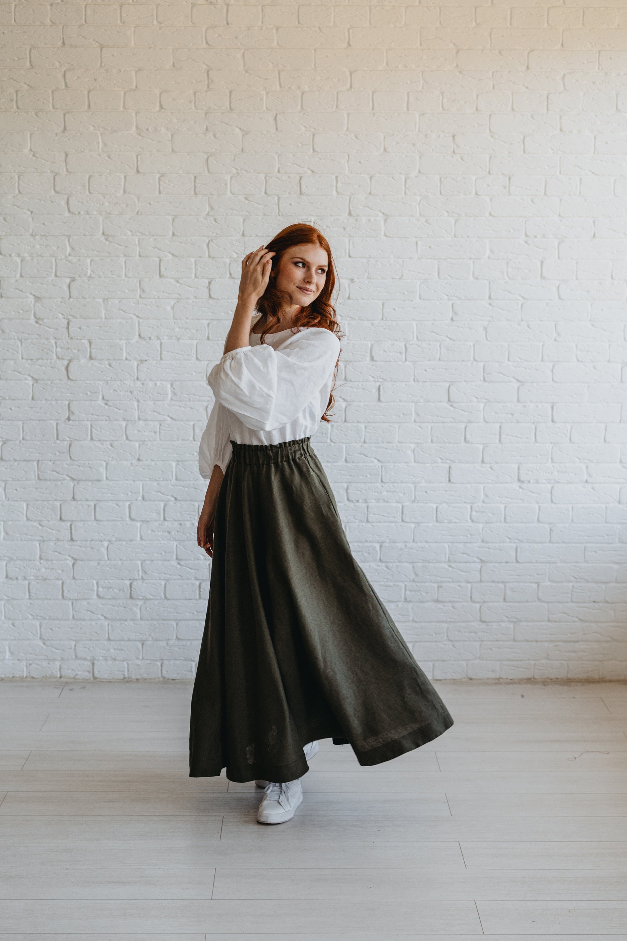 スカート Military Green Embroidered Long Skirt Military Green Linen Skirt for Women, Long Hight Waist Skirt