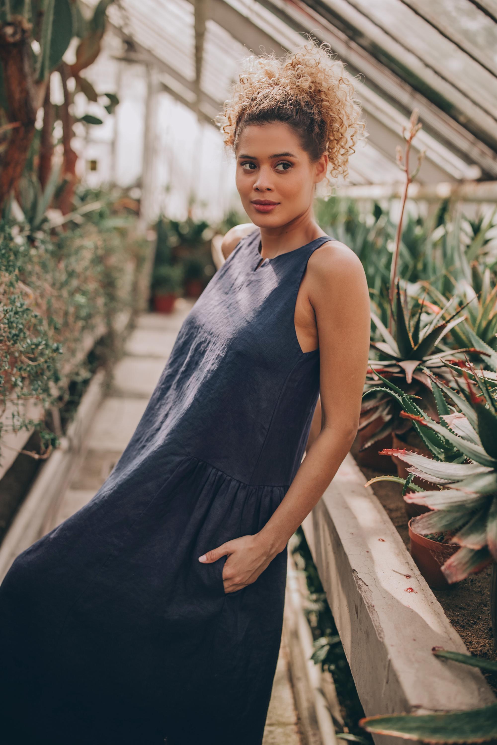 navy blue linen midi dress Navy Blue Linen Cotton Maxi Dress with Pleated Waist and Relaxed Fit