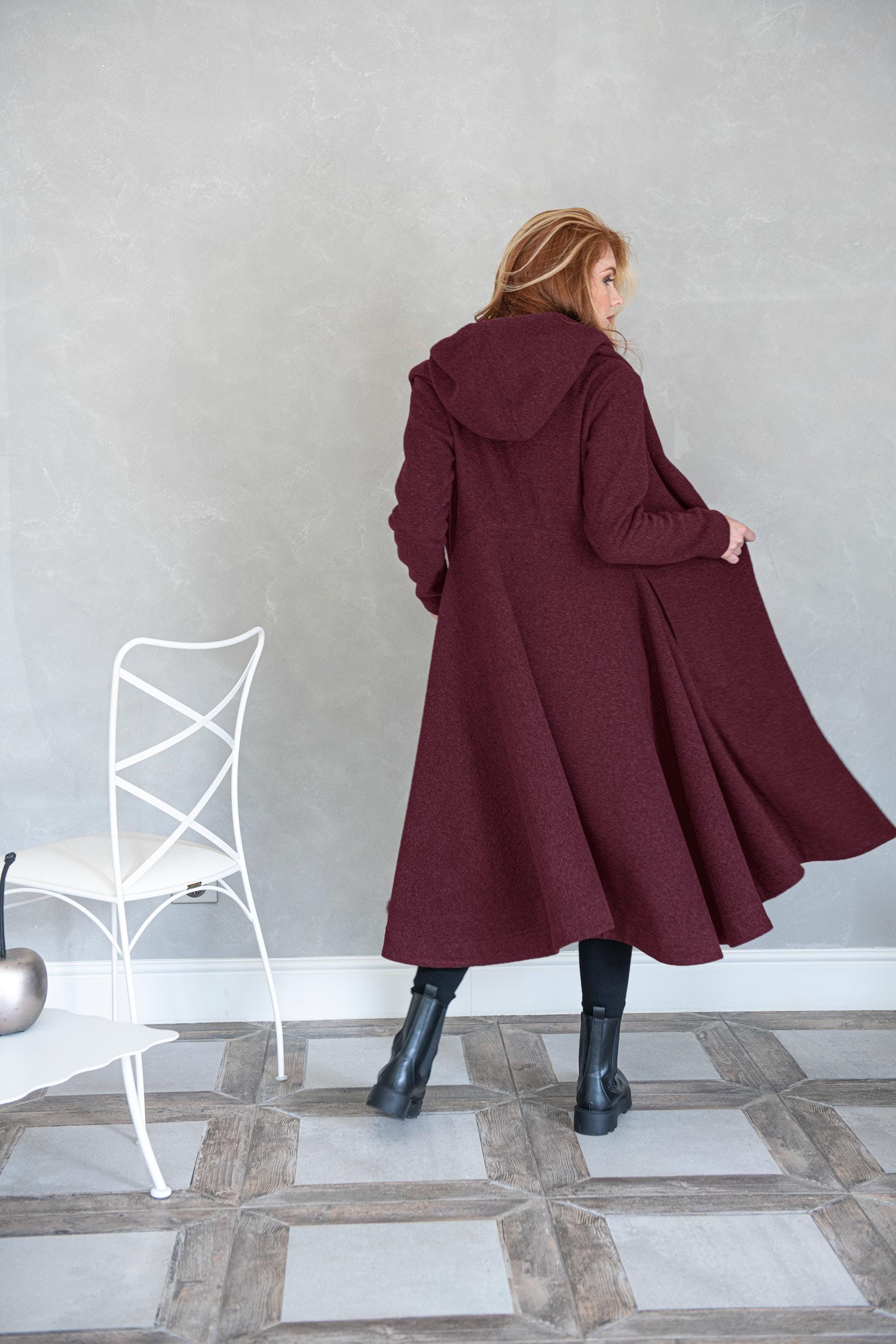 Burgundy Merino Wool Hooded Coat, Women's Winter Swing Coat