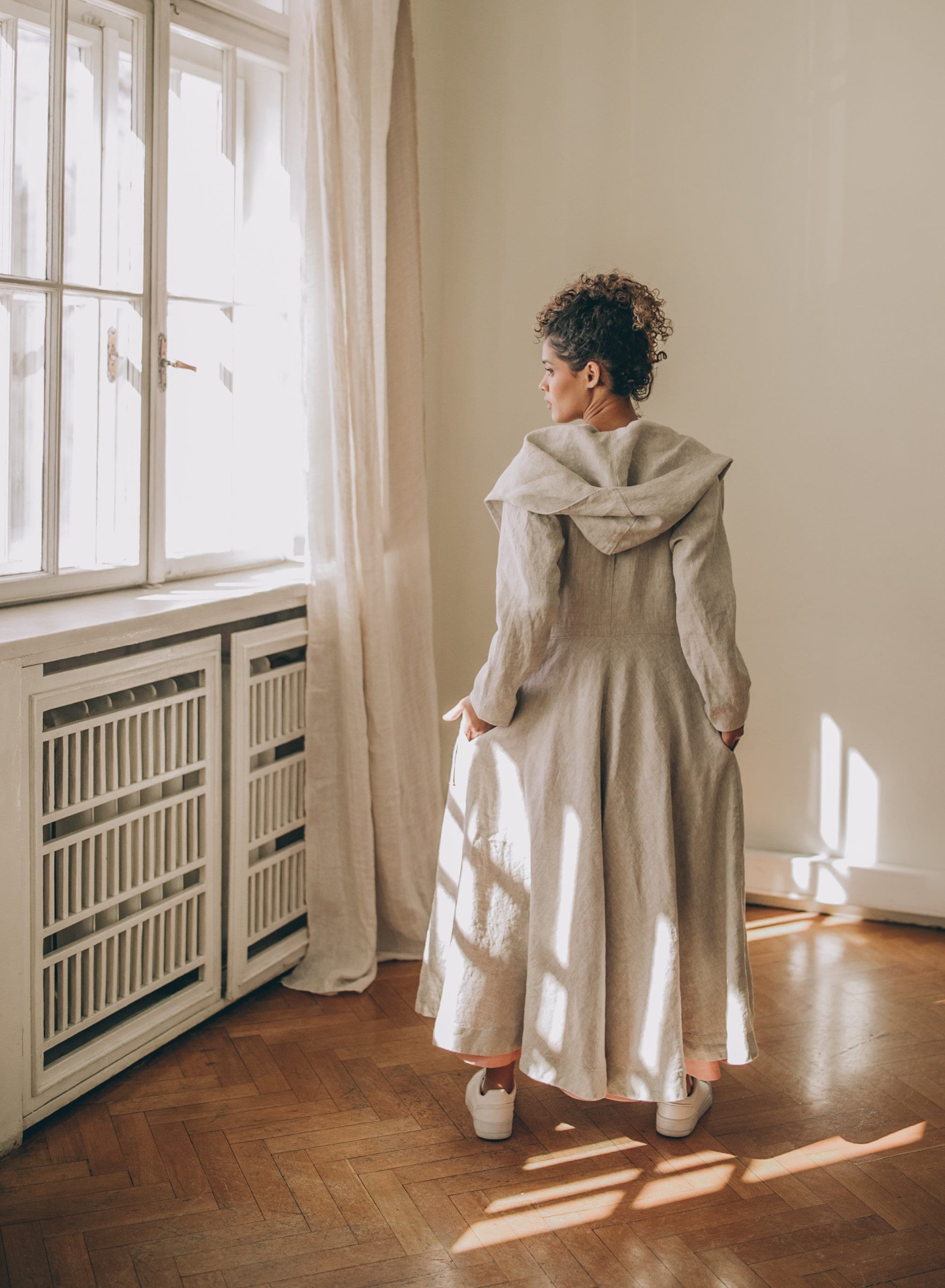 Heavy Linen Coat, Hooded Coat With Pockets, Linen Wrap Coat