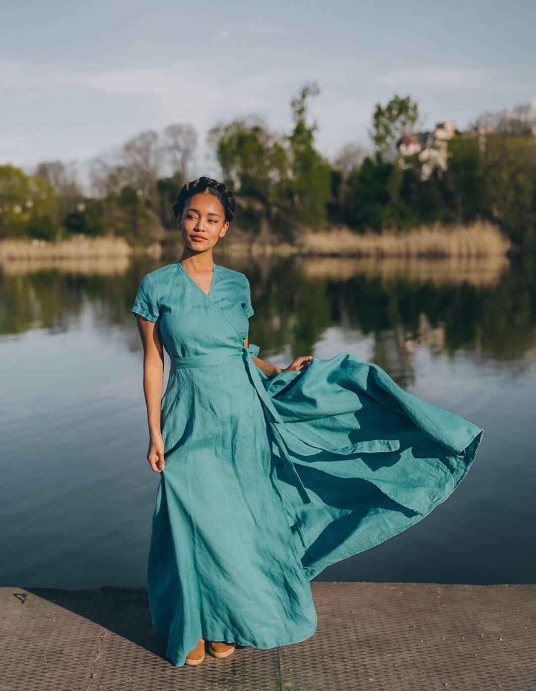 Summer Maxi Dress in Blue Green, Linen Wrap Dress for Women