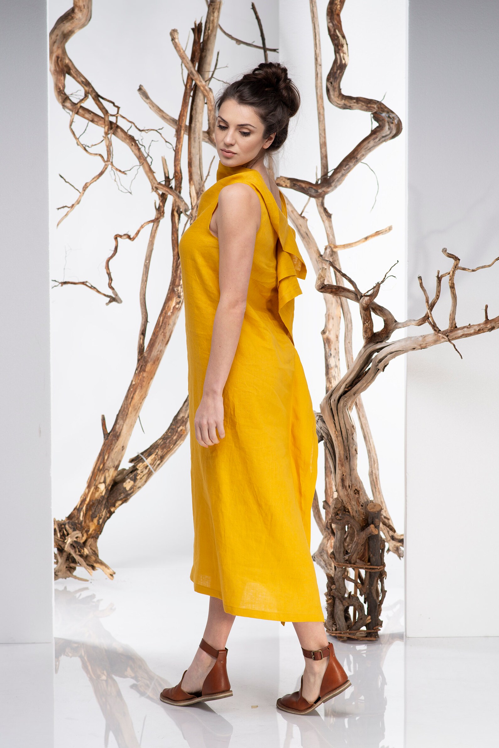 Mustard Linen Dress Linen Clothing Women Ruffle Linen Dress Etsy