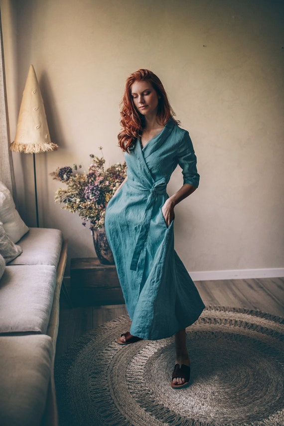 Linen Wrap Midi Dress, Shawl Collar, Spring Summer Clothing