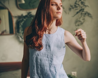 Light Blue Linen Top, Summer Linen Tank Top, Sleeveless Linen Tunic Top with Wide Straps, Plus Size Linen Clothing, Boho Linen Top for Women