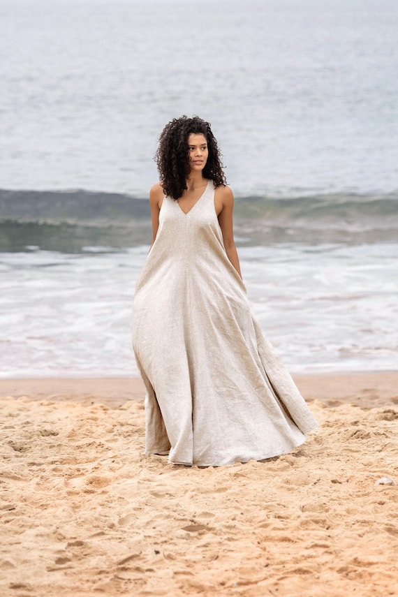 Summer Linen Maxi Dress, Racer Back, V-neck, Pockets, Beach Wedding Dress