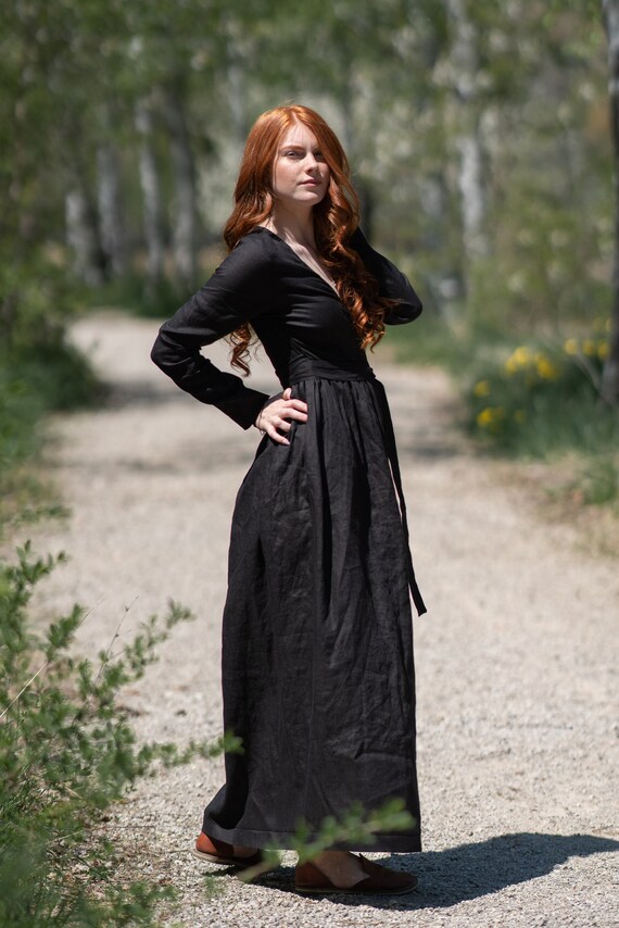 Zwarte linnen jurk linnen wrap jurk linnen maxi jurk Etsy Zwarte linnen jurk linnen wrap jurk linnen maxi jurk Etsy