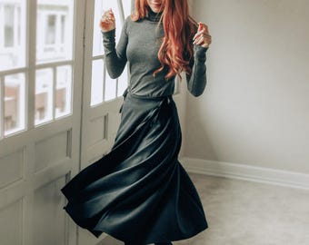 Wrap Wool Skirt with Pockets: Midi Length, Winter Clothing for Women