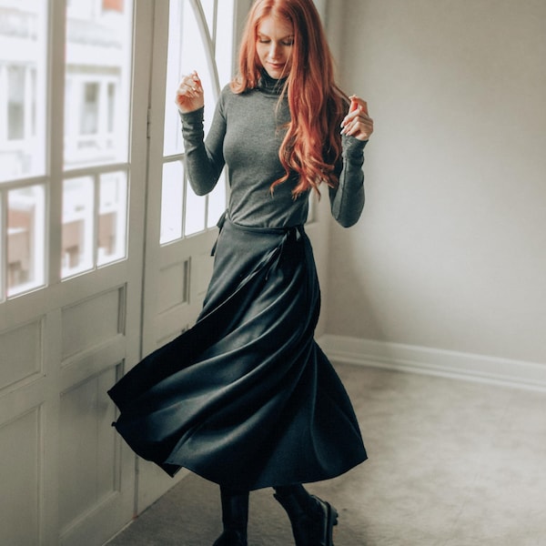 Wrap Wool Skirt with Pockets: Midi Length, Winter Clothing for Women