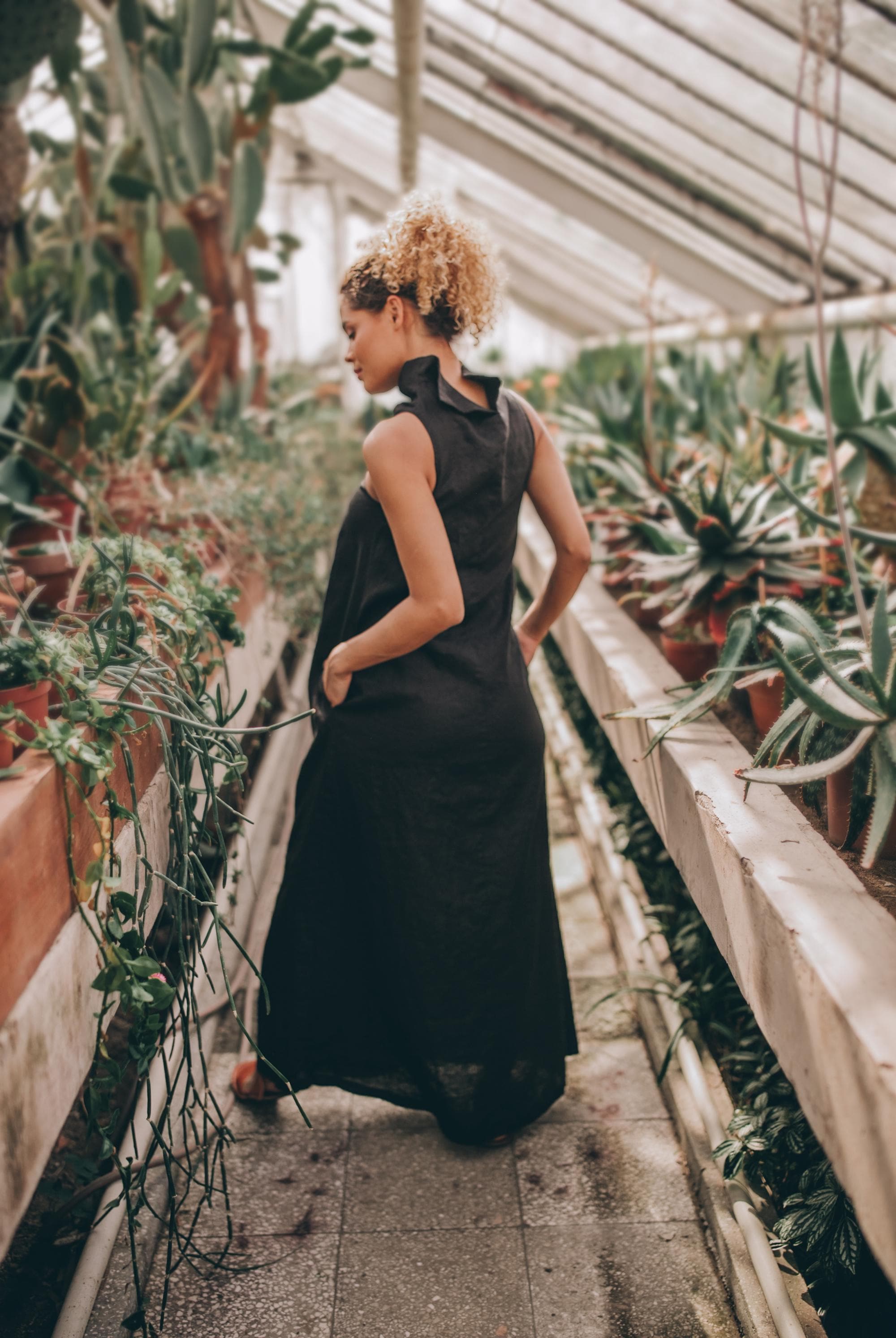 Black Linen Maxi Dress: High Neck, Pockets, Minimalist Boho Clothing