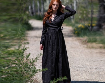 Zwarte linnen jurk, linnen wrap jurk, linnen maxi jurk, gotische jurk, zwarte maxi jurk, plus size linnen kleding, linnen jurk voor vrouwen Zwarte linnen jurk, linnen wrap jurk, linnen maxi jurk, gotische jurk, zwarte maxi jurk, plus size linnen kleding, linnen jurk voor vrouwen