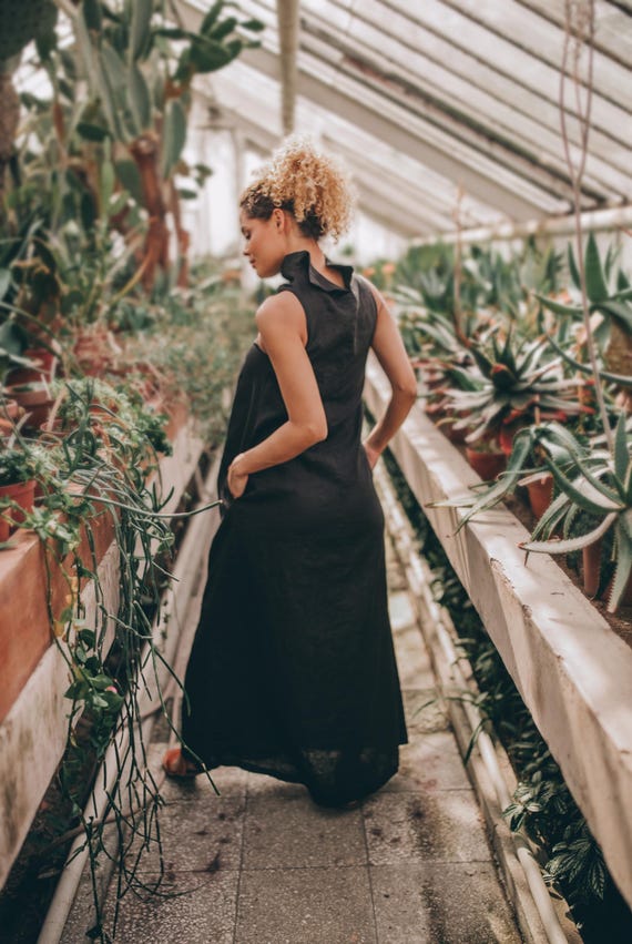 Black Linen Maxi Dress: High Neck, Pockets, Minimalist Boho Clothing Black Linen Maxi Dress: High Neck, Pockets, Minimalist Boho Clothing