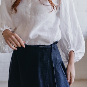 White Linen Shirt with Puff Sleeve, Heavy Linen Blouse for Women, Linen Victorian Shirt, Bishop Sleeve Linen Tunic, Fall Linen Clothing image 6