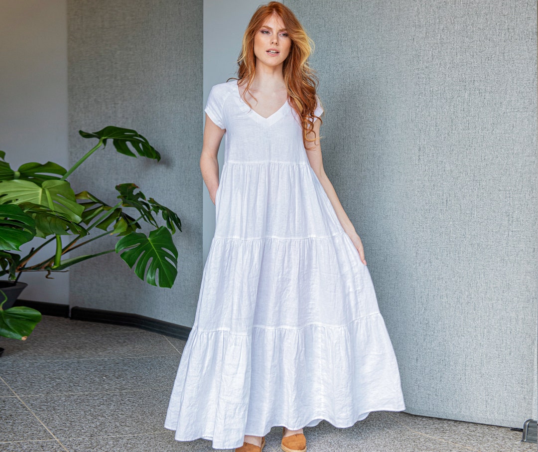 Linen Maxi Dress, White Linen Dress, Summer Maxi Dress, Short Sleeve Linen Dress, Linen Dress with Pockets, Classic Linen Dress Plus Size